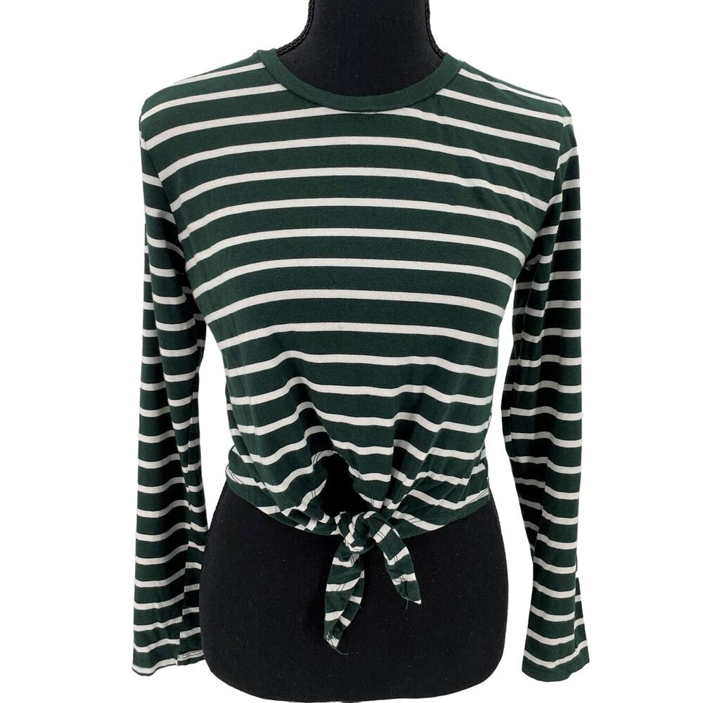Heart & Hips Striped Tie Front Long Sleeve Cropped Top Green Coastal Sailor S